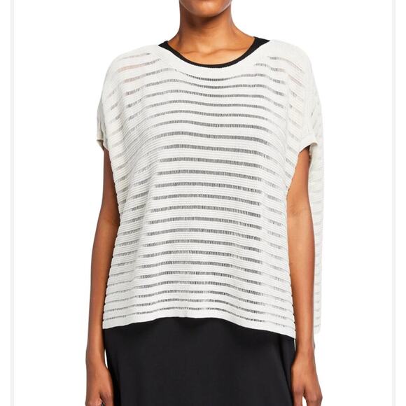 Eileen Fisher Off-White Boat Neck Short Sleeve Pullover Crochet Top Sz M - Picture 1 of 8